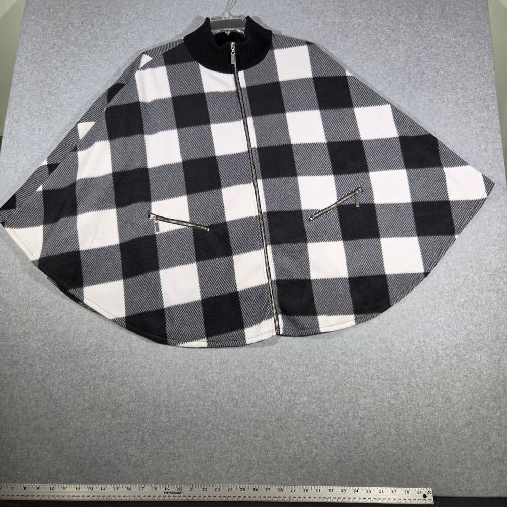 Le Moda Buffalo Plaid Fleece Poncho Cape Black White Zip Front Mock Neck OS